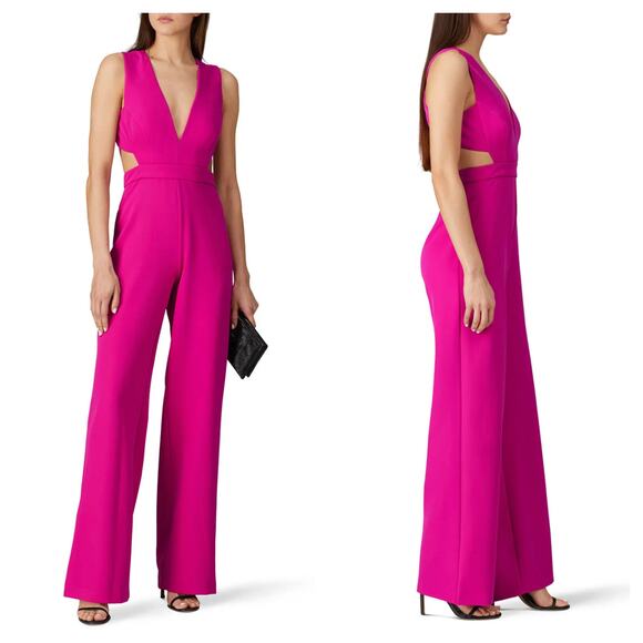 AIDAN MATTOX Plunging Cutout Crepe Straight Jumpsuit Magenta Pink Size 0 - Picture 1 of 8